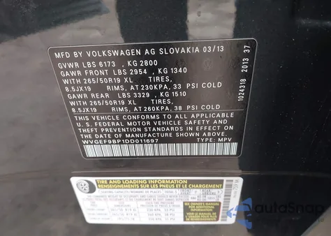 2013 Volkswagen Touareg Vr6 Lux z USA, uszkodzony, nr VIN WVGEF9BP1DD011697